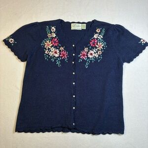 Vintage Blue S/S Sweater Ribbon Flowers Large 80’s CottageCore Colleens Collect